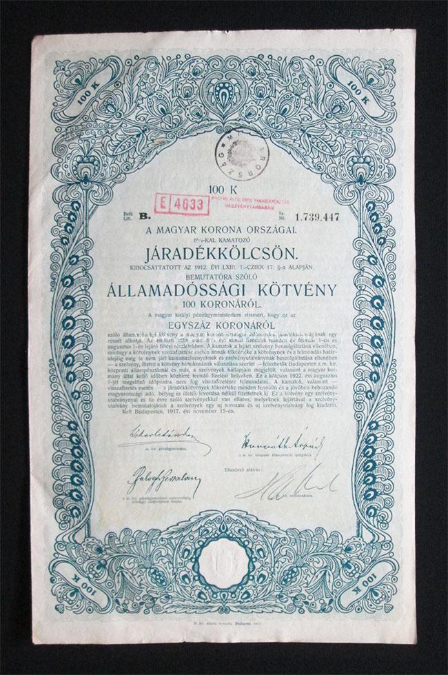 A Magyar Korona Orszagai 4 % JARADEKKOLCSON 200 Koronarol Budapest 1903 